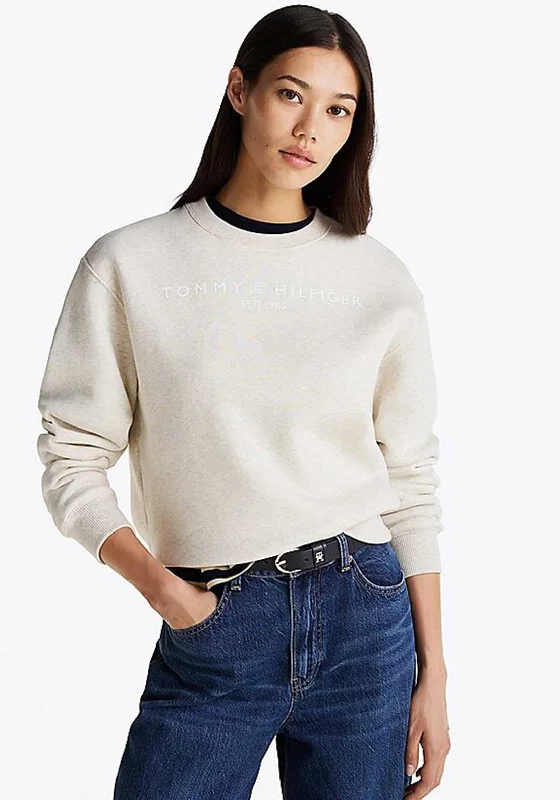 Tommy Hilfiger Logo Crew Neck Sweatshirt, Cream Hoodie with Slit Hem Functional Movement