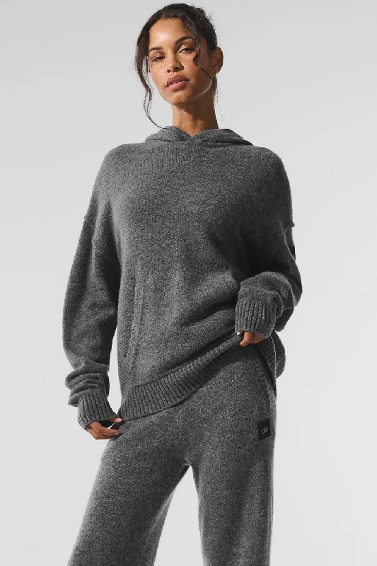 New Class Cashmere Hoodie - Platinum Grey Hoodie with Tied Waist Feminine Flattering