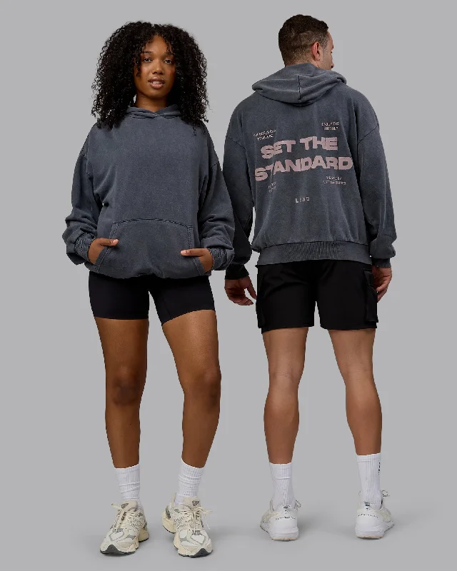 Unisex Washed Set the Standard Hoodie Oversize - Black-Greyish Purple Hoodie with Gradient Ombre Colorful