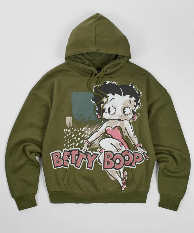 Women Betty Boop Chalk Hoodie - Olive Green Hoodie with Hem Detail Decorative Unique