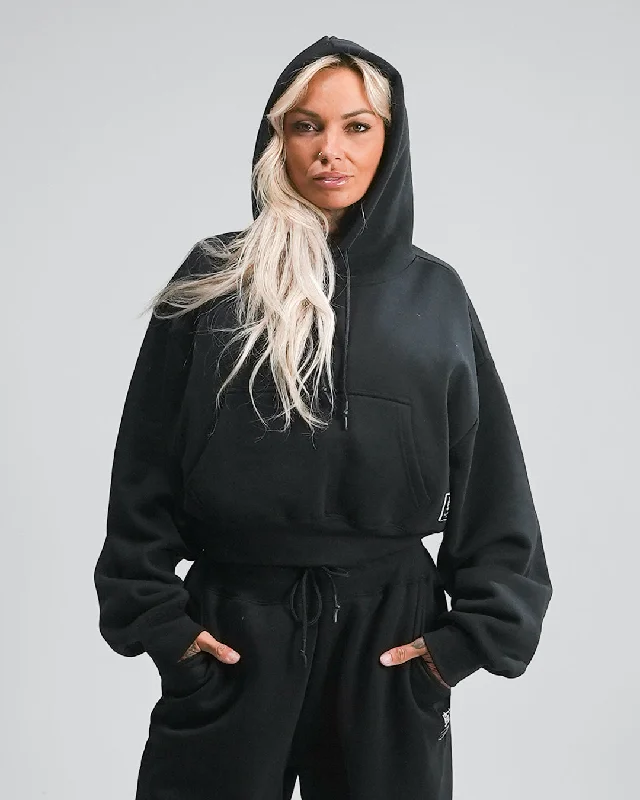 WOMENS OVERSIZED CROP HOODIE - BLACK Hoodie with Color Block Contrast Stylish