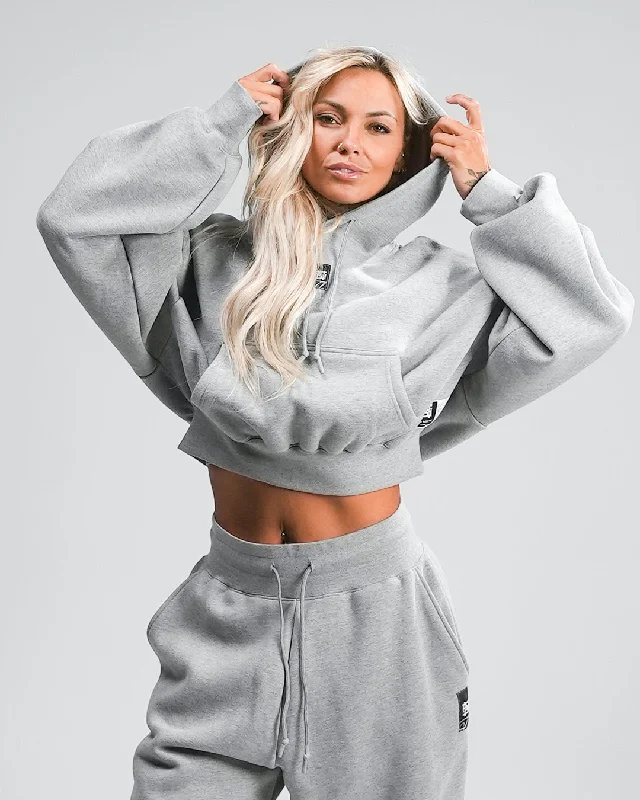 WOMENS OVERSIZED CROP HOODIE - HEATHER GREY Hoodie with Front Slit Layering Stylish