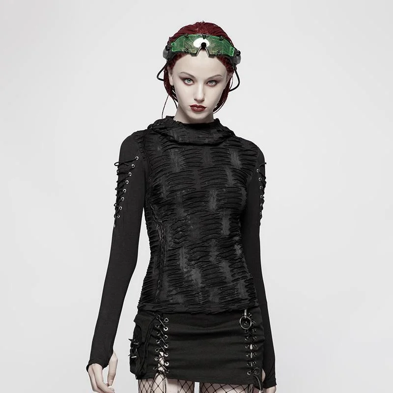 Women's Punk Ripped Hooded T-shirt Hoodie with Hem Detail Decorative Unique