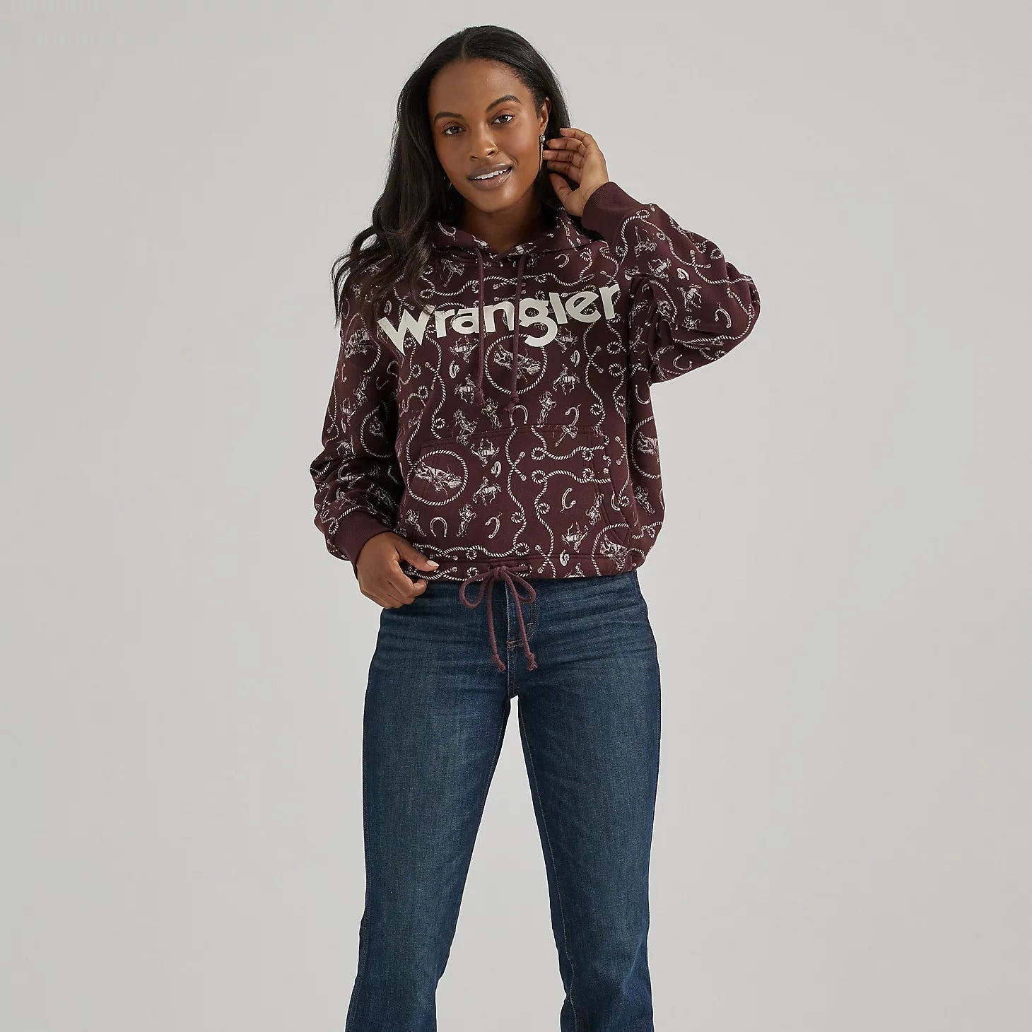 Wrangler Retro Women's All-Over Rodeo Cinched Hoodie in Fudge Hoodie with Bell Sleeves Flared Feminine