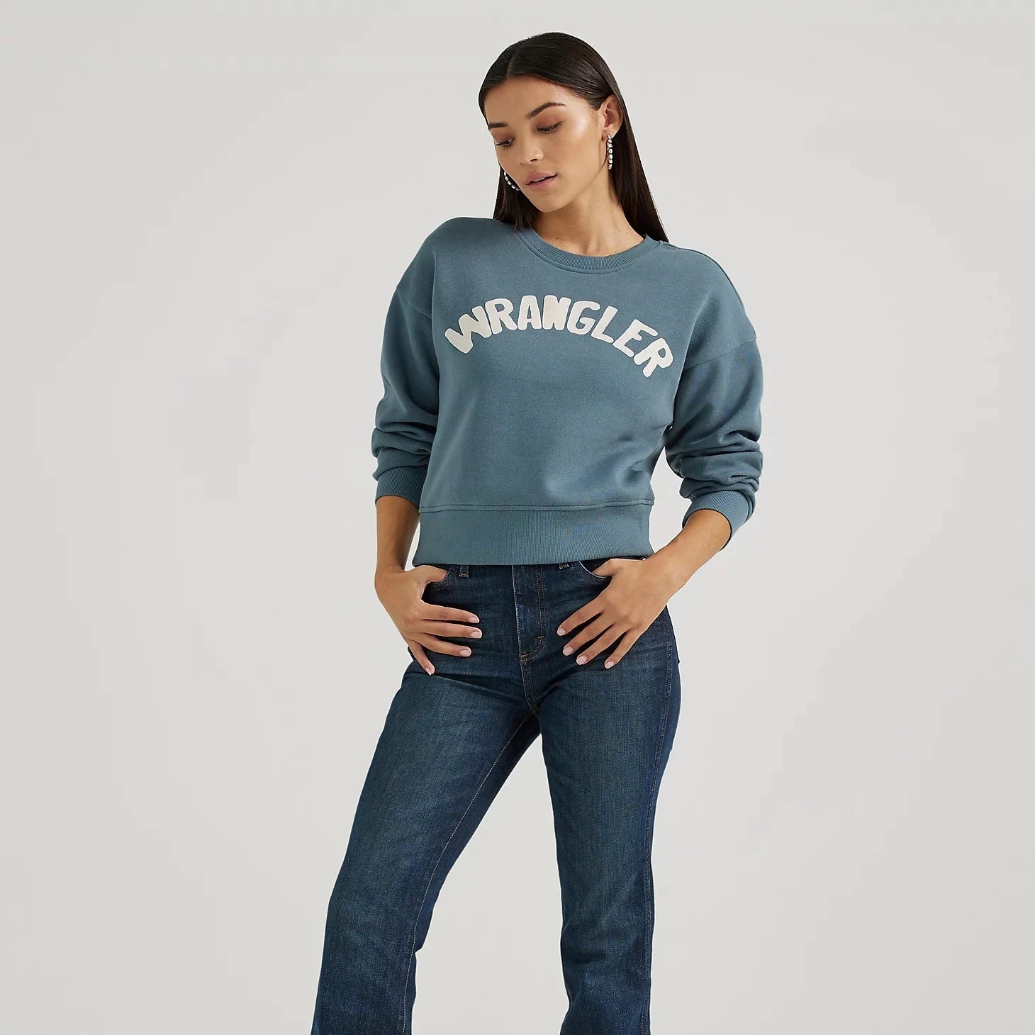 Wrangler Retro Women's Shabby Logo Pullover Sweatshirt in Blue Hoodie with Puffed Sleeves Voluminous Trendy