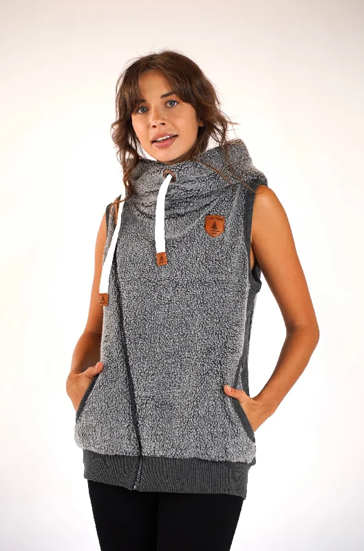 Zoe Sherpa Dark Heather Grey Hoodie Vest Hoodie with Exposed Zipper Edgy Industrial