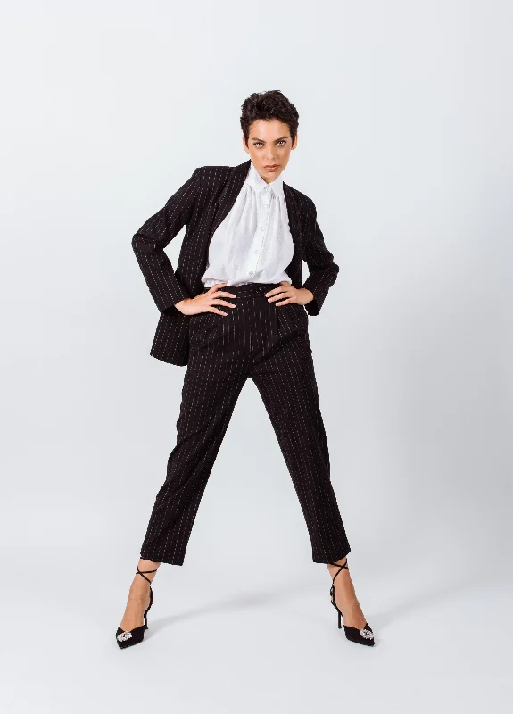 Black Pinstripes Suit Pants Trendy High-Waist Trousers