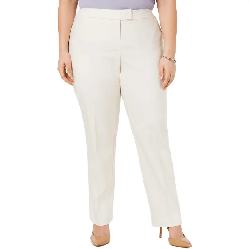 Plus Womens Solid Mid-Rise Straight Leg Pants Comfy Zip-Up Pants
