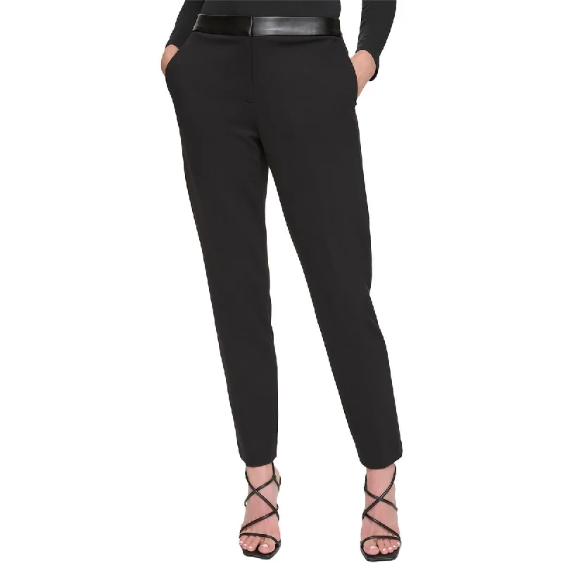 Womens Mid-Rise Mixed Media Ankle Pants Trendy High-Waist Trousers