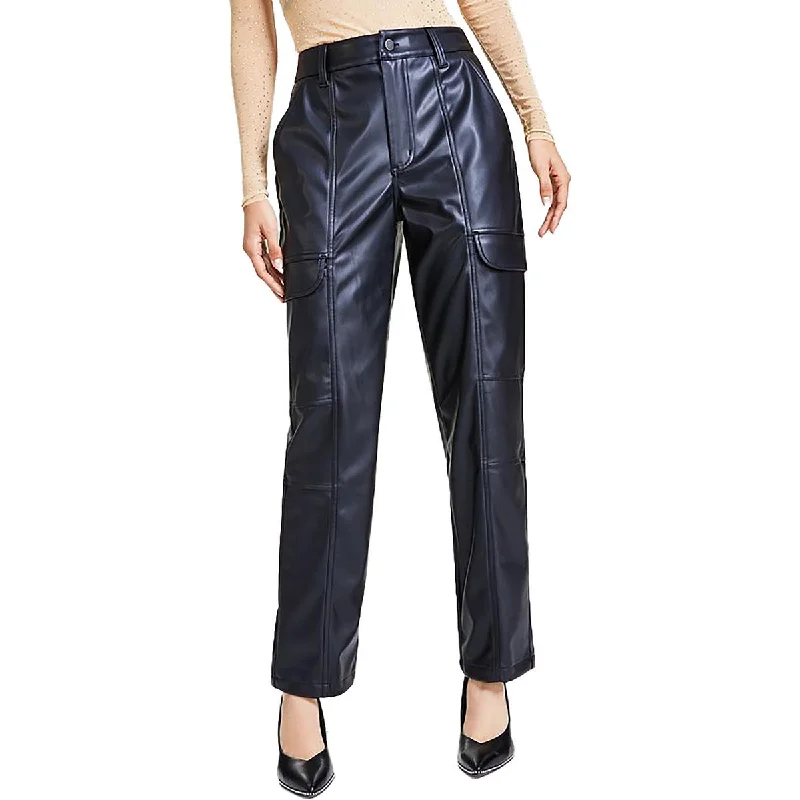 Petites Womens High Rise Faux Leather Cargo Pants Chic Black Leggings