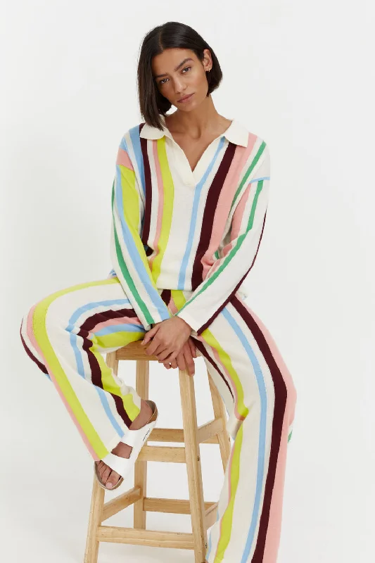 Multicoloured Cashmere Stripe Wide-Leg Pants High-Waist Trousers