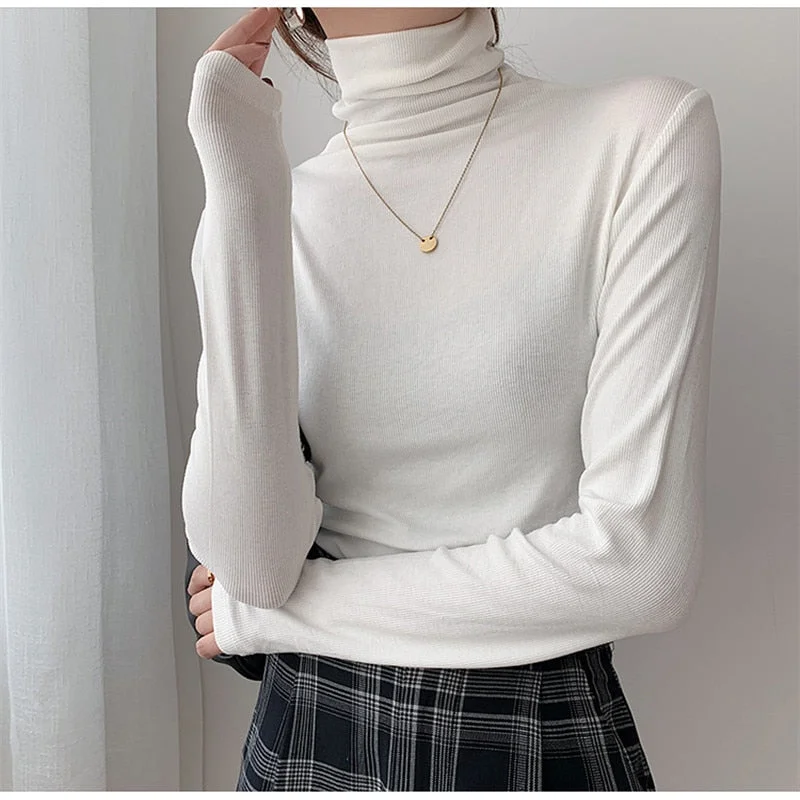 2022 Spring Autumn Women Pullover Female Knitted Sweaters Solid Concise Turtleneck Elasticity Elegant Office Lady Casual Tops Casual Formal Business