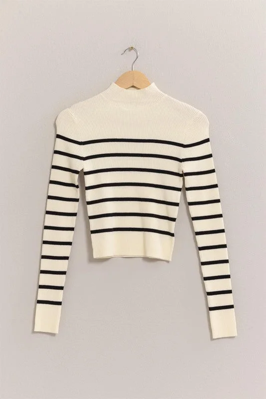 Striped Cropped Mock Neck Sweater Modern Contemporary Chic