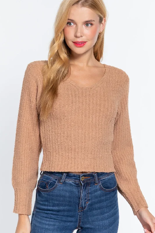 Long Puff Slv V-neck Rib Sweater Fitted Slim Tailored