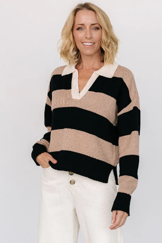 Alec Striped Sweater | Black + Mocha Boat Neck Shawl Collar Notched Collar