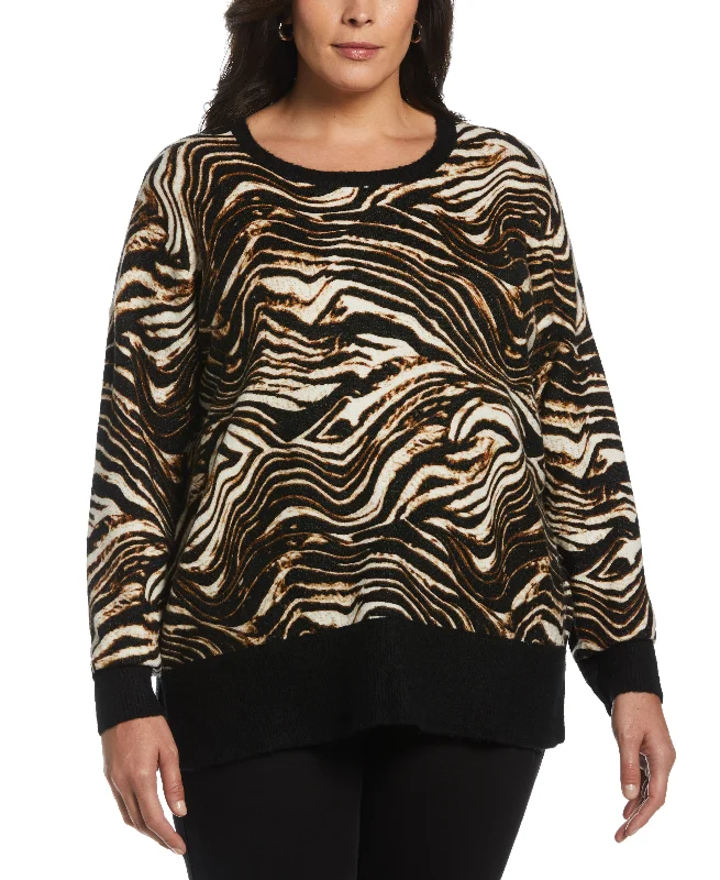 Plus Size Animal Print Slouchy Sweater Mesh Sweater Canvas Denim