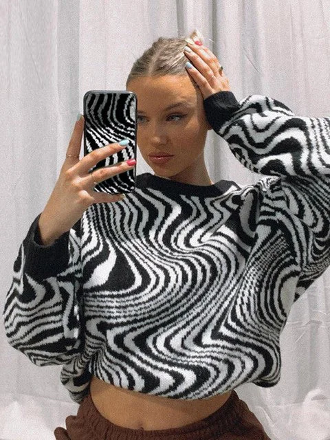 Ashore Wavy Elegant Black White Striped Print Knitted Sweaters Women 2022 Herringbone Houndstooth Plaid