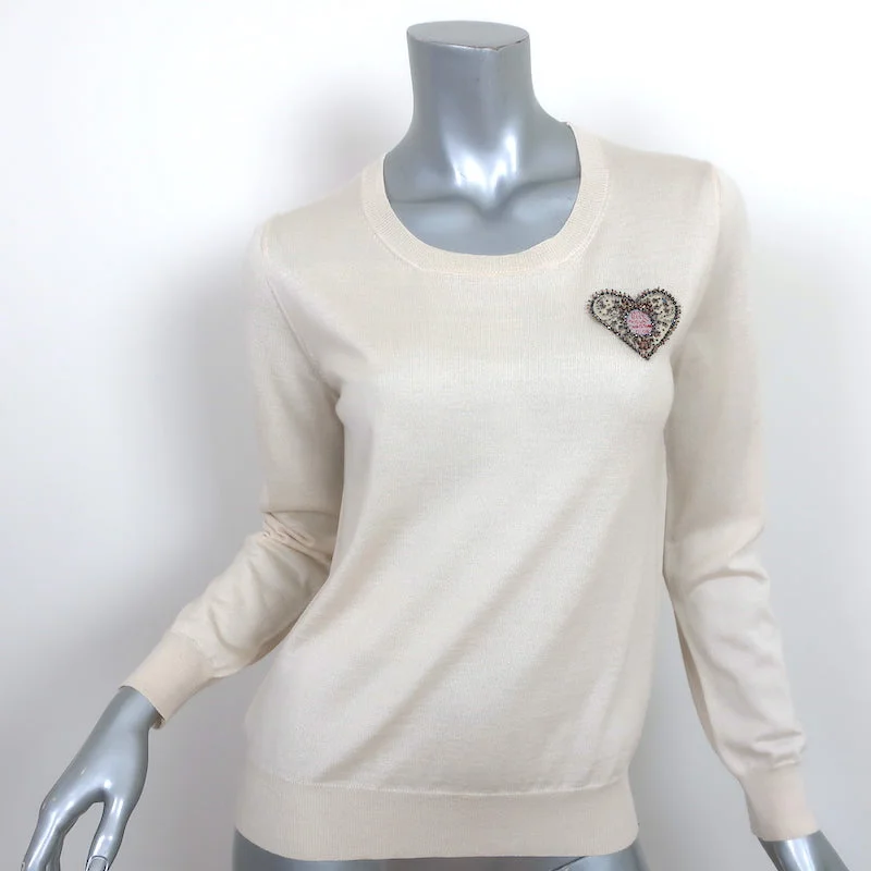 Christian Dior Beaded Heart Sweater Ivory Cashmere-Silk Size 40 Solid Color Striped Floral Print