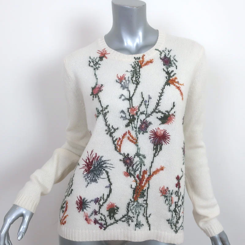 Christian Dior Floral-Embroidered Cashmere Sweater Cream Size 42 Anti-Pilling Anti-Shrink Durable