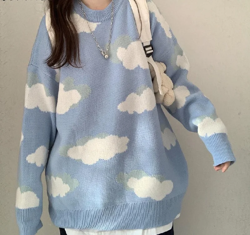 Cloud Print Long Sleeve Sweater | Korean Style Sweater | Girls Casual Sweater | Crew Neck Cloud Print Sweater | Knitted Cloudy Women Sweater Rayon Fabric Velvet Fabric Corduroy Fabric