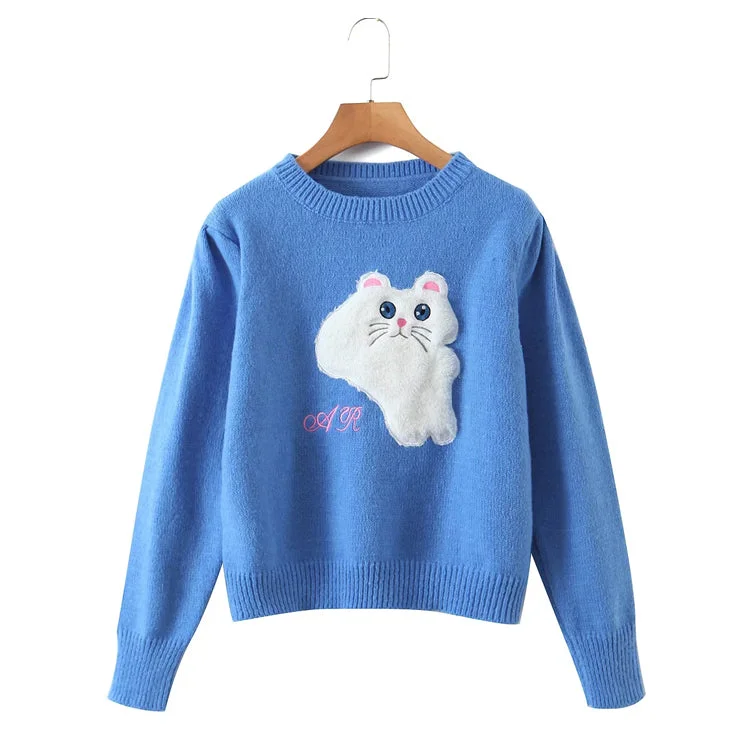 Crew neck Pullover cartoon cat loose sweater  7454 Fleece Fabric Down Fabric Feather Fabric