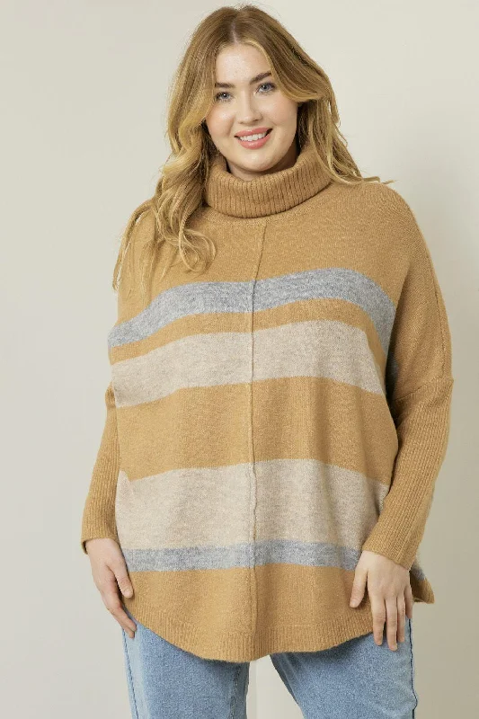 Curvy Camel Striped Cowl Neck Sweater Fleece Sweater Nylon Polyester