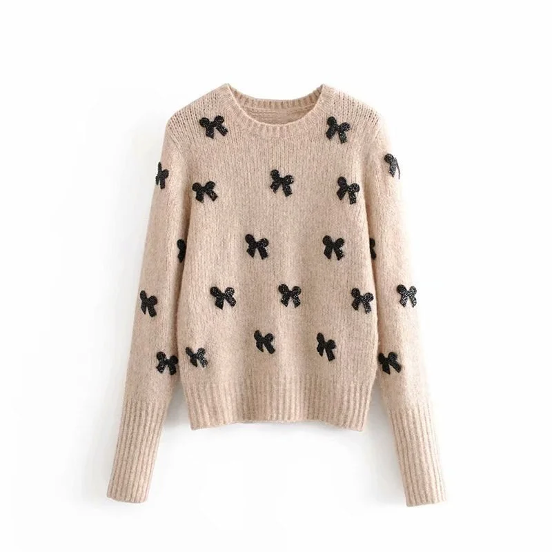 Elegant Bow Tie Appliques Sweater Women Casual O Tailored Straight A-Line