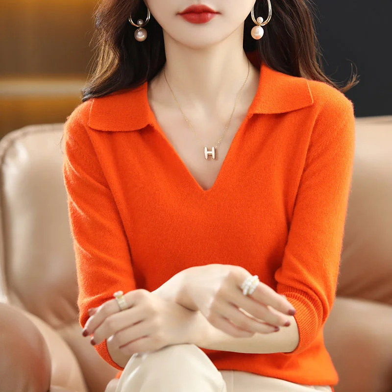 Fashion V-Neck Solid Color Pullovers Sweater Women's Clothing 2022 New Half Sleeve Casual Tops Loose Office Lady Knitted Basic Terry Terry Cloth Terry Knit