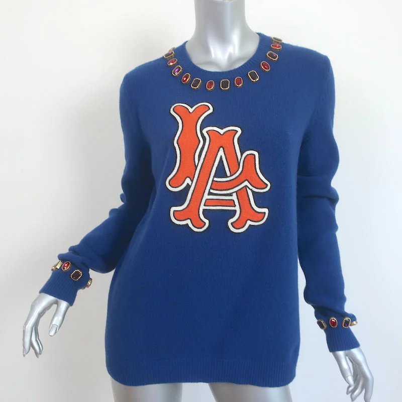 Gucci x MLB LA Angels Jeweled Crewneck Sweater Blue Wool Size Medium Wool Fabric Cashmere Fabric Tweed Fabric