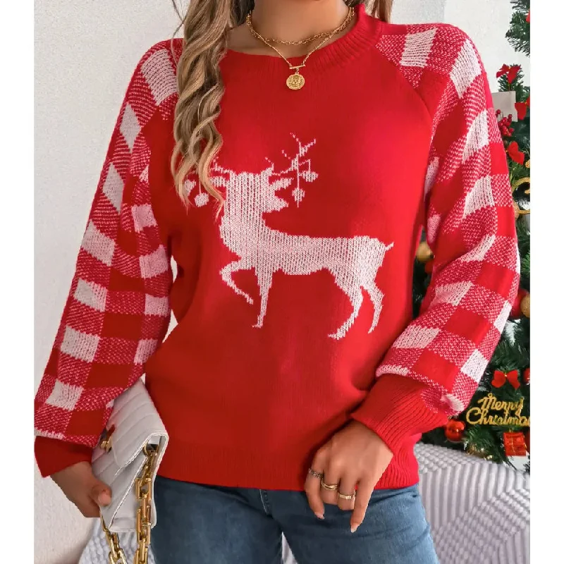 Knitted Plaid Christmas Sweater with Round Neck and Long Sleeves for Autumn/Winter Lace Blend Ribbed Blend Corduroy Blend