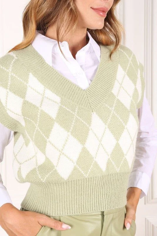 Lilou Knitted argyle sweater vest Toggled Drawstring Belted