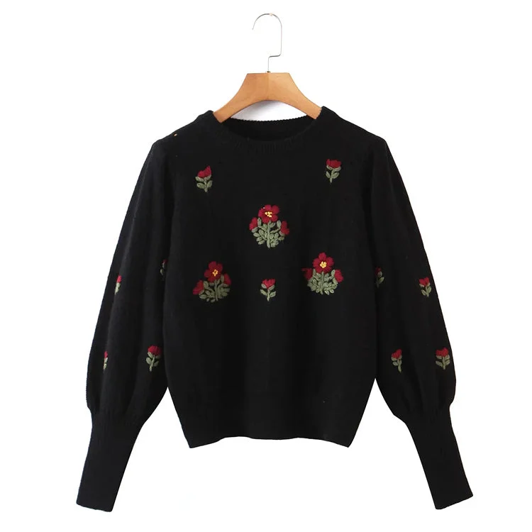 New lazy wind flower embroidered round neck Pullover Sweater  7435 Satin Blend Silk Blend Wool Blend