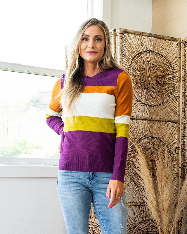 Tatiana Waffle Knit Striped Sweater - Plum, Copper & Chartreuse Lace Blend Ribbed Blend Corduroy Blend