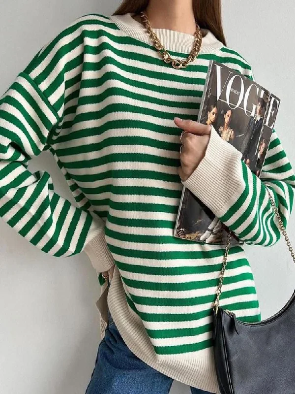 O Neck Vintage Striped Sweater Pullovers For Women Casual Loose Long Sleeves Jumpers Graphic Sweater Embroidered Appliqued