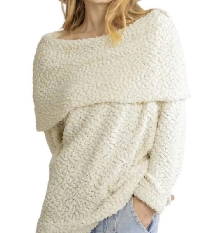 Off Shoulder Knit Pullover Sweater In Cream Chenille Brocade Lace