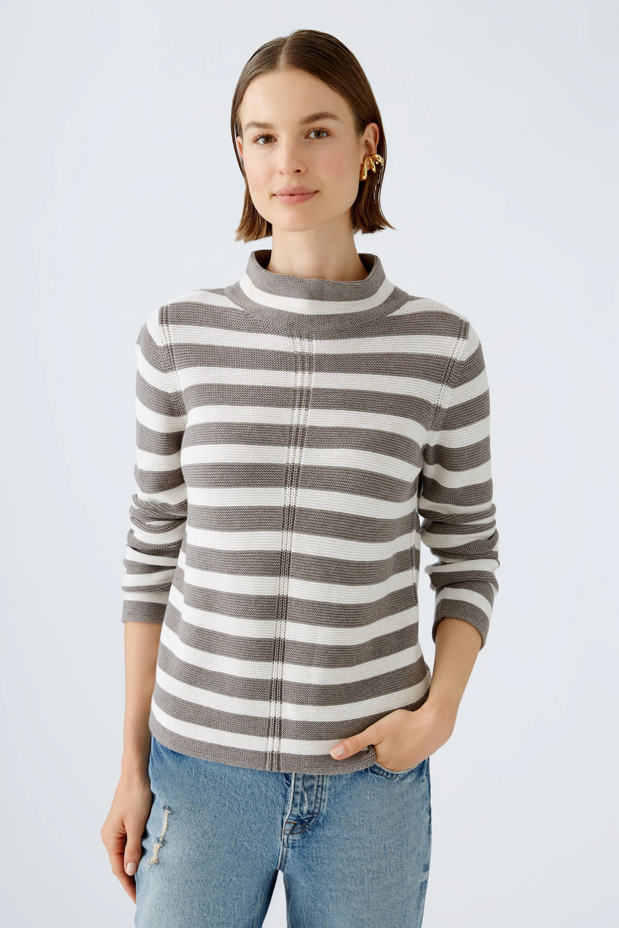 Oui Striped Cotton Mock Neck Sweater Open Front Closed Front Wrap Front