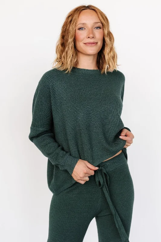 Owen Waffle Sweater Top | Green Houndstooth Herringbone Solid