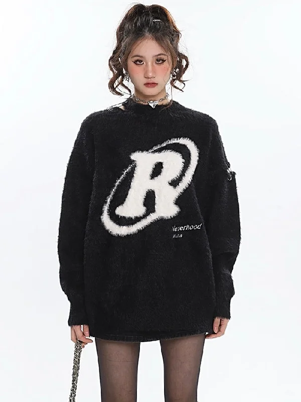 R Halo Neverhood Muha Graphic Image Print Letter Embroidery Long Sleeve Fleece Sweater Machine Wash Dry Clean Hand Wash