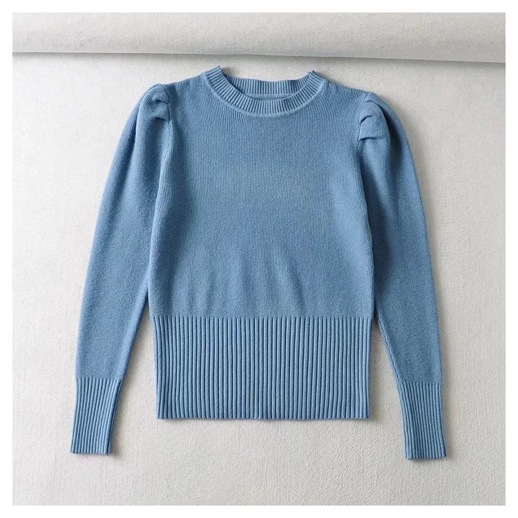 Round neck bubble sleeve elastic slim knit sweater  7444 Notch Collar Peter Pan Collar Cowl Neck