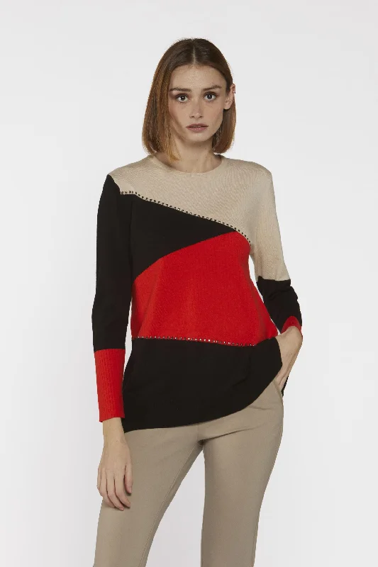 Round Neck Colour block jumper black sand orange with stud detail Fitted Loose Oversized