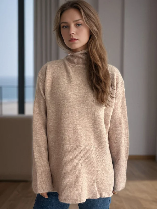 Side Slit Turtleneck Long Sleeve Sweater Real Fur Shearling Chenille