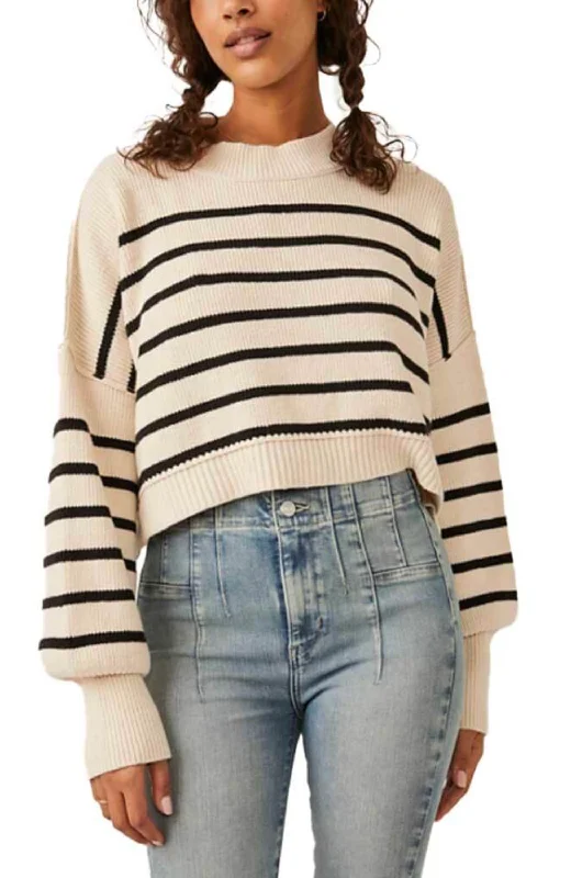 Free People - Stripe Easy Street Crop Sweater Boat Neck Shawl Collar Notched Collar