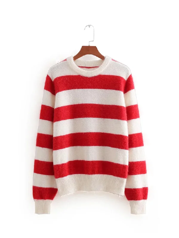 Striped crew neck Pullover long sleeve sweater loose sweater top  7458 Seamless Knitted Crochet