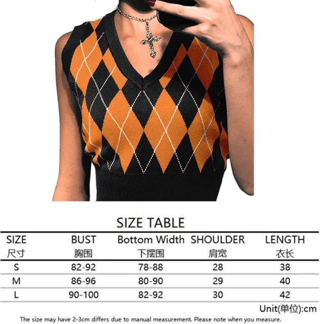 Argyle Knit Cropped Sweater Vest | Streetwear VNeck Y2K Vest | Women Knitted Vest Sweater | College Style Vest | Sleeveless Pullover Sweater Mesh Fabric Canvas Fabric Denim Fabric