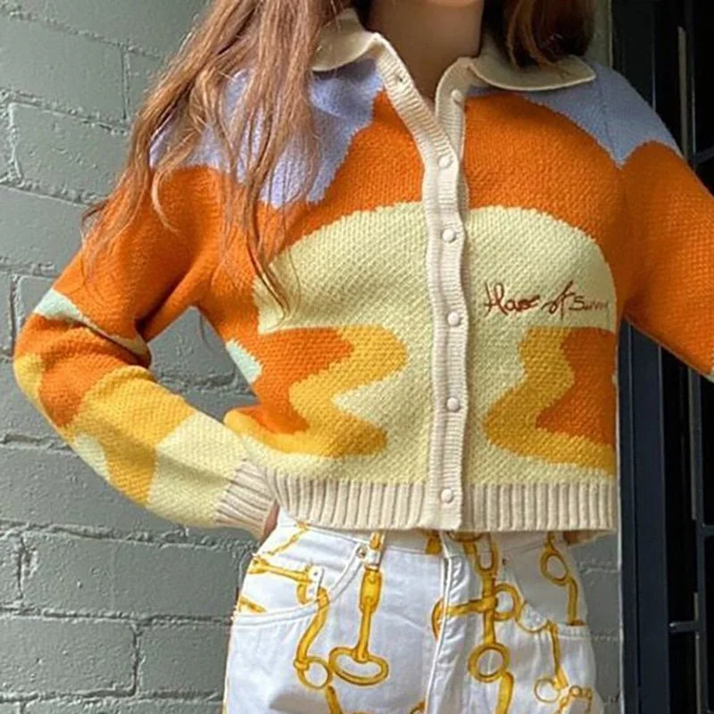 Colorful Knitted Sweater | Women Vintage Autumn Winter Sweater | long sleeve sweater Coat | Short Knitted Sweater | Sunshine Print Sweater Tailored Straight A-Line