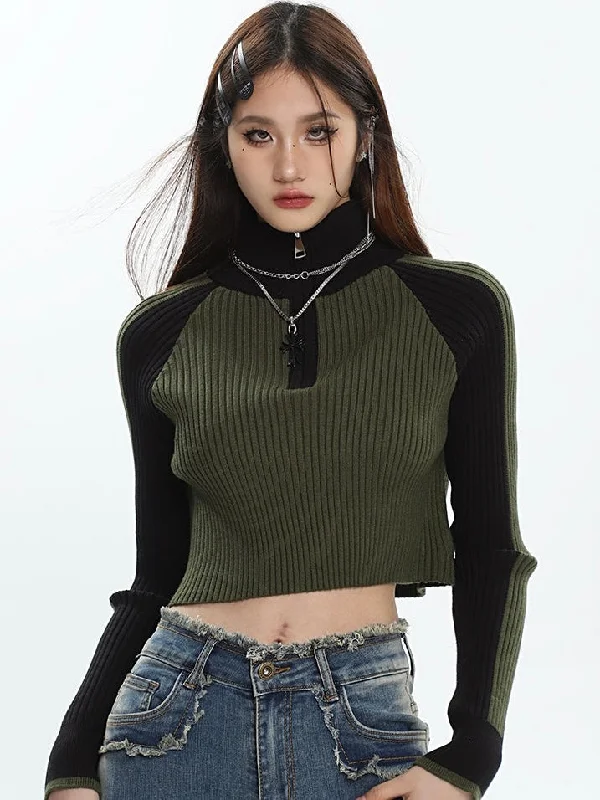 Zariah Patchwork Ribbed Zip Up Turtleneck Long Sleeve Cropped Sweater Top Cable Knit Ribbed Knit Lace Knit