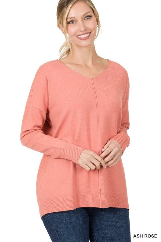 ZENANA Hi-Low Garment Dyed V-Neck Front Seam Sweater Tailored Straight A-Line