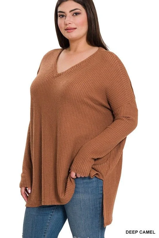 ZENANA The Plus Brushed Thermal Waffle V-Neck Sweater High Neck Crew Neck V-Neck