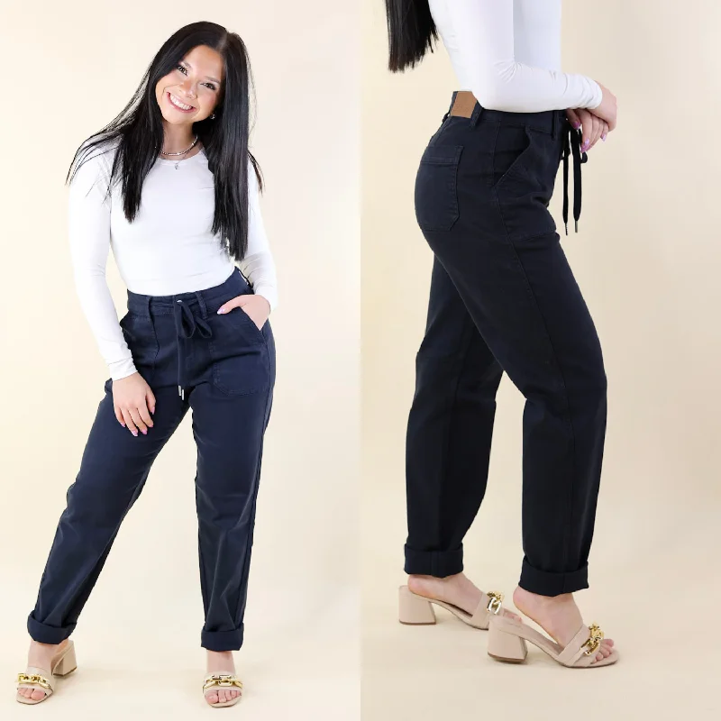 Judy Blue | Keep It A Secret Relaxed Pull on Jean Joggers in Navy Blue Trendy Patchwork Denim Jeans Judy Blue | Keep It A Secret Relaxed Pull on Jean Joggers in Navy Blue Trendy Patchwork Denim Jeans