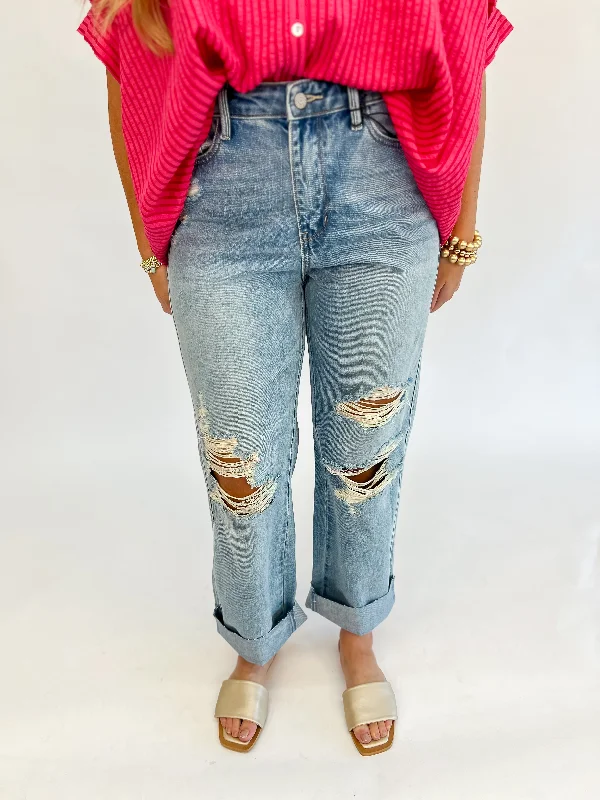 [Judy Blue] Loving Life Straight Leg Destroyed  Rigid Jean Stylish High-Waist Skinny Denim